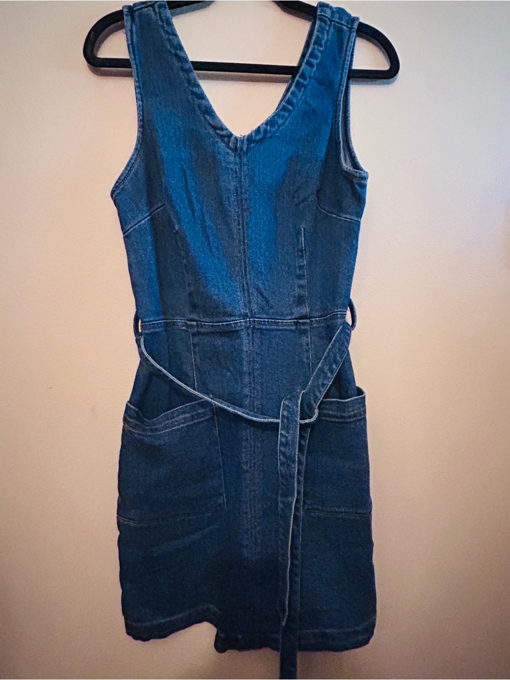 Denim Sleeveless Belted Dress - Deep Blue